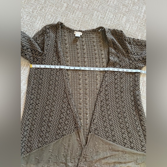 Studio Gem Q Open Front Crochet Sweater Embroidered Lace Trim Khaki Brown Large - Picture 5 of 7